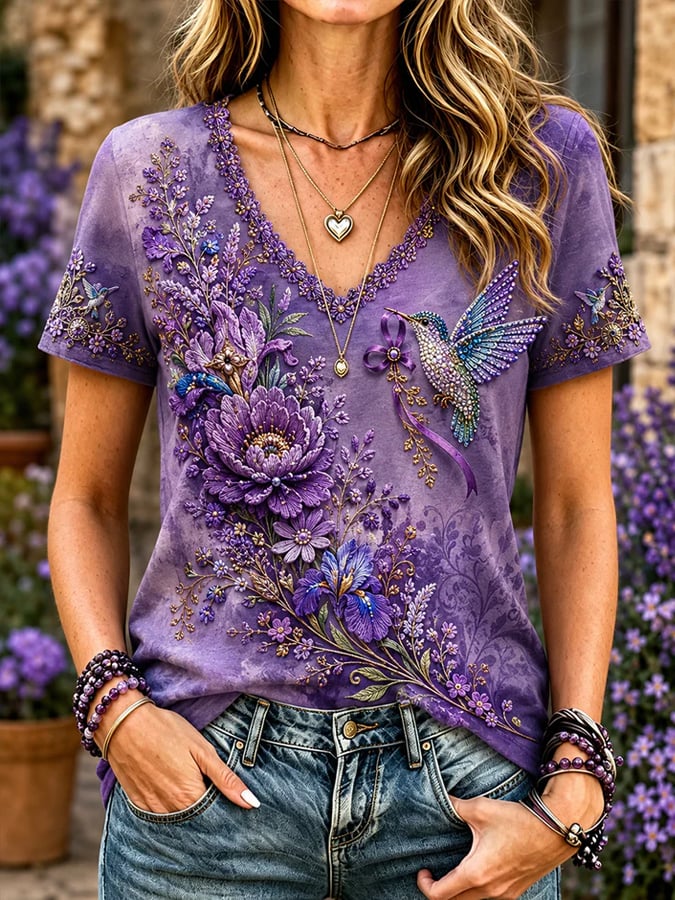 Women's Purple Floral Print T-Shirt